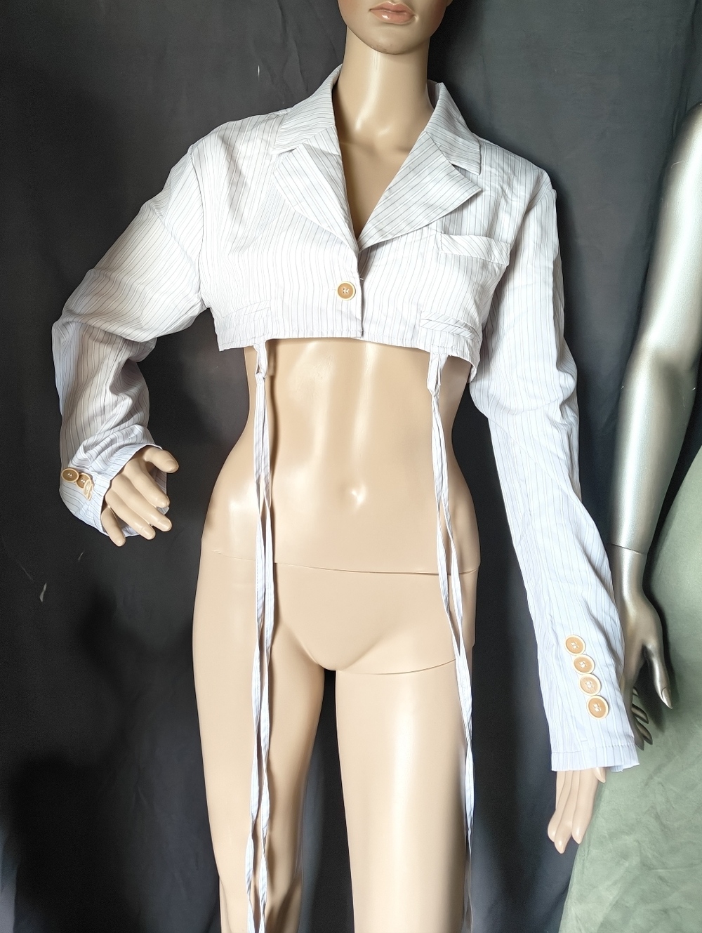 Cropped Pinstripe Tie-Front Shirt Jacket - White
